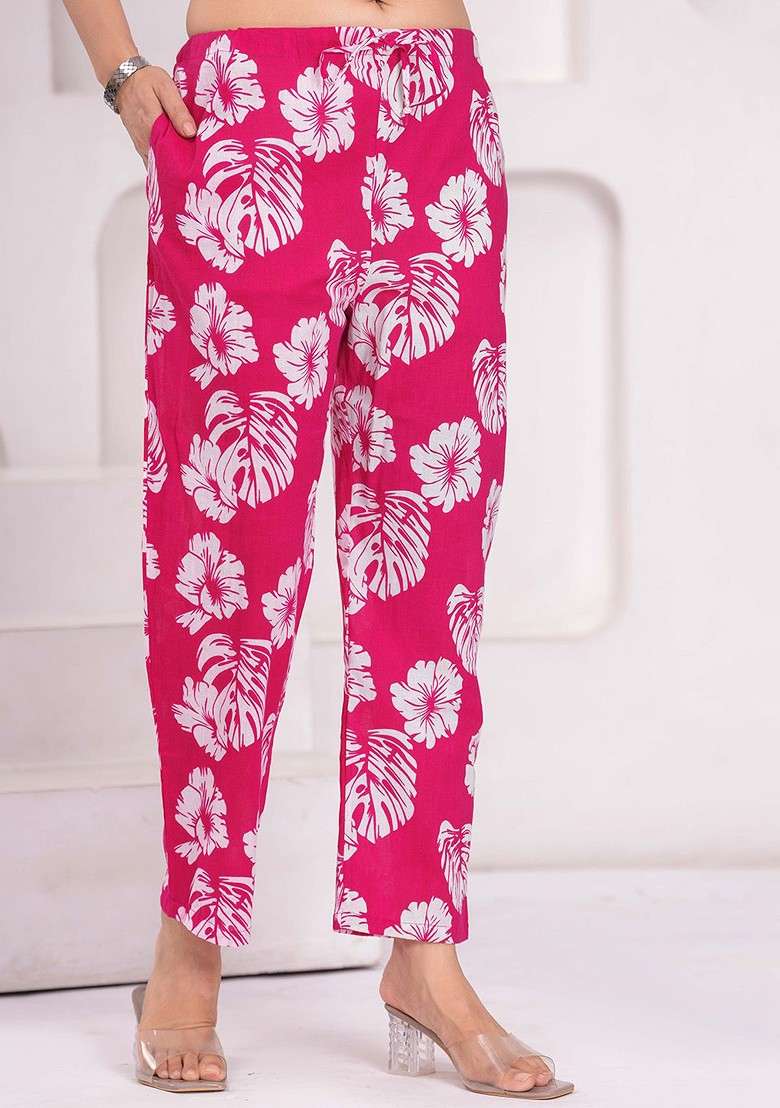 Pink Floral Printed Vneck Pure Cotton Aline Maternity Kaftan With Trouser - Indya