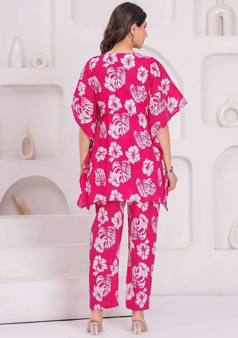 Pink Floral Printed Vneck Pure Cotton Aline Maternity Kaftan With Trouser - Indya
