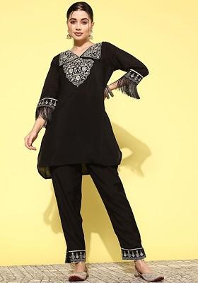 Black Floral Embroidered Top And Trouser Coords