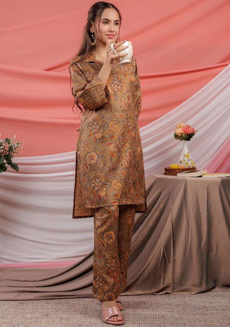 Brown Floral Printed Pure Cotton Tunic With Palazzos - Indya