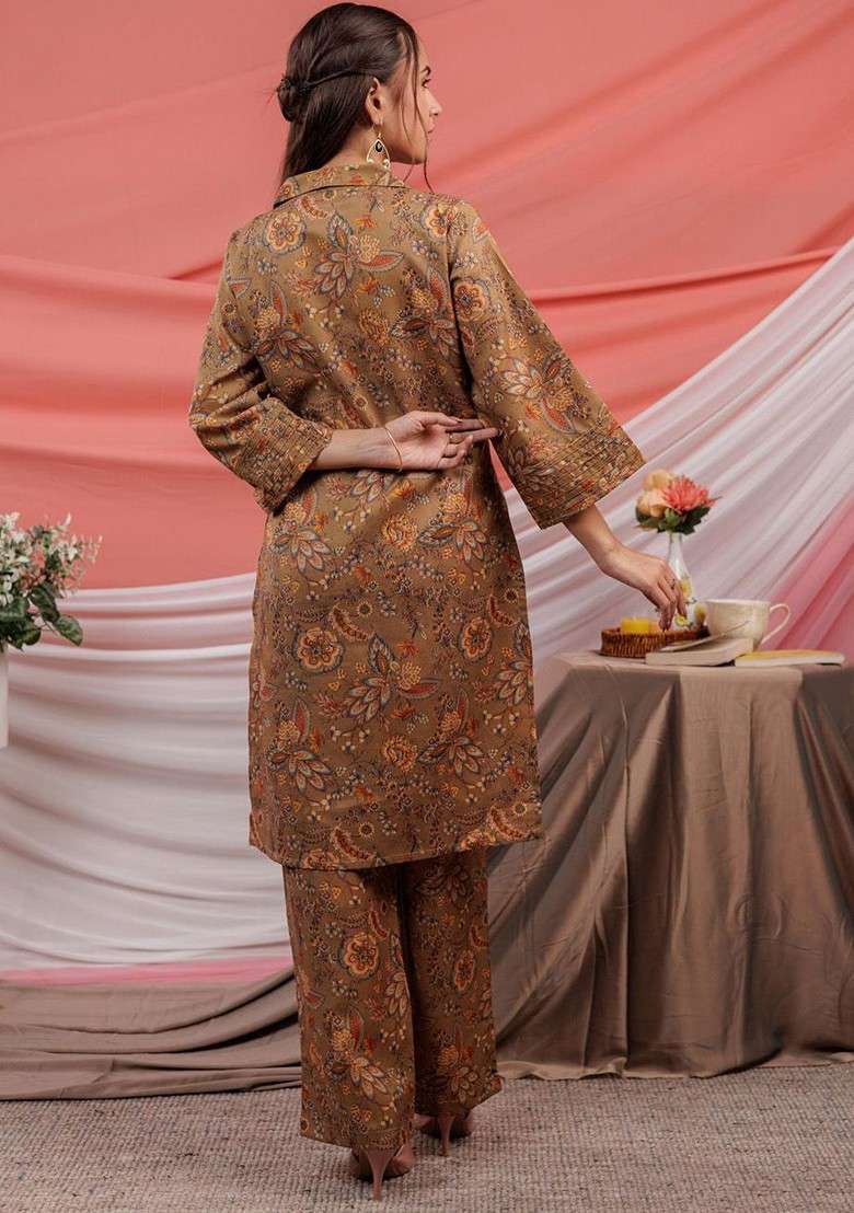 Brown Floral Printed Pure Cotton Tunic With Palazzos - Indya