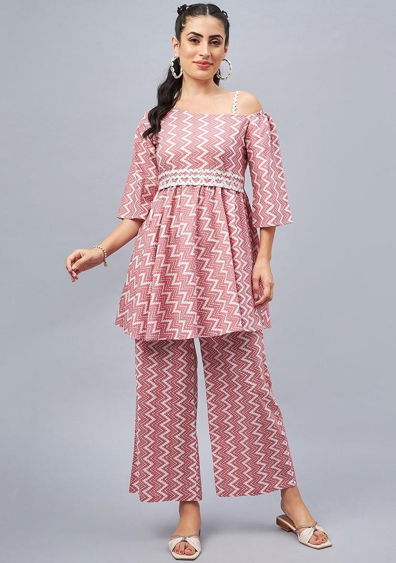 Pink Printed Oneshoulder Neck Pure Cotton Ethnic Coords