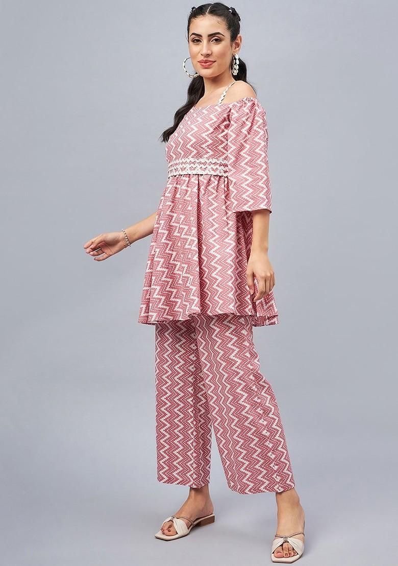 Pink Printed Oneshoulder Neck Pure Cotton Ethnic Coords