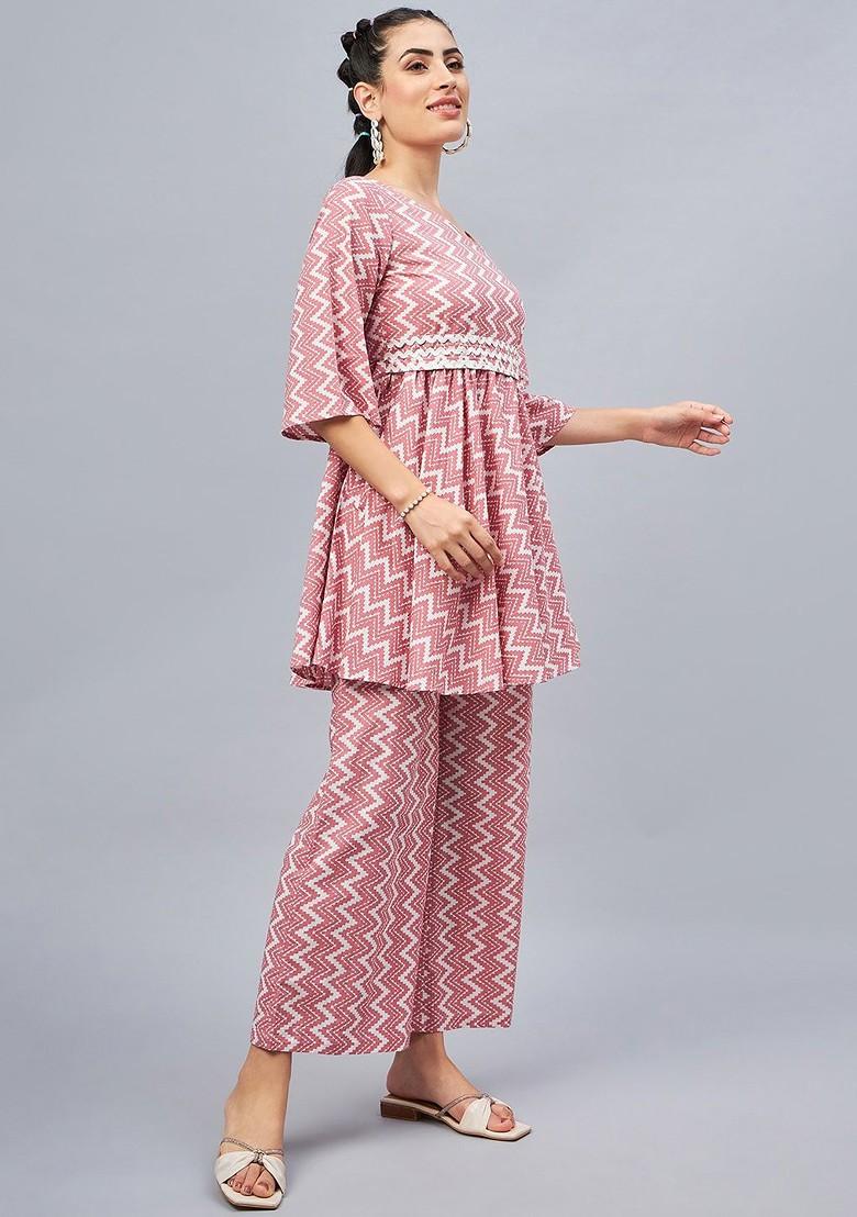 Pink Printed Oneshoulder Neck Pure Cotton Ethnic Coords