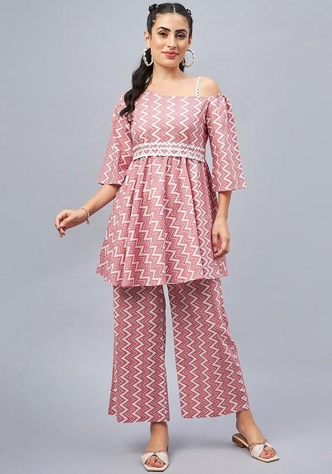 Pink Printed Oneshoulder Neck Pure Cotton Ethnic Coords