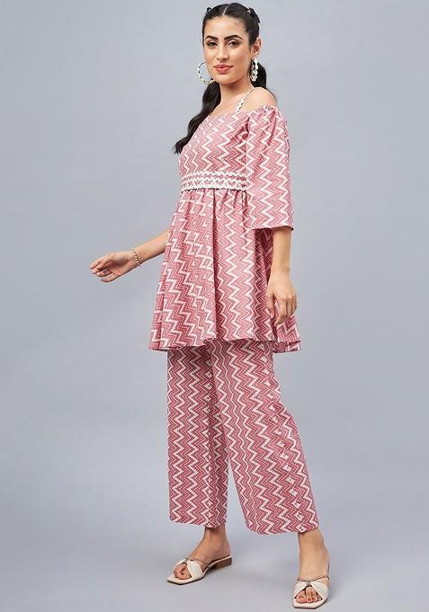 Pink Printed Oneshoulder Neck Pure Cotton Ethnic Coords