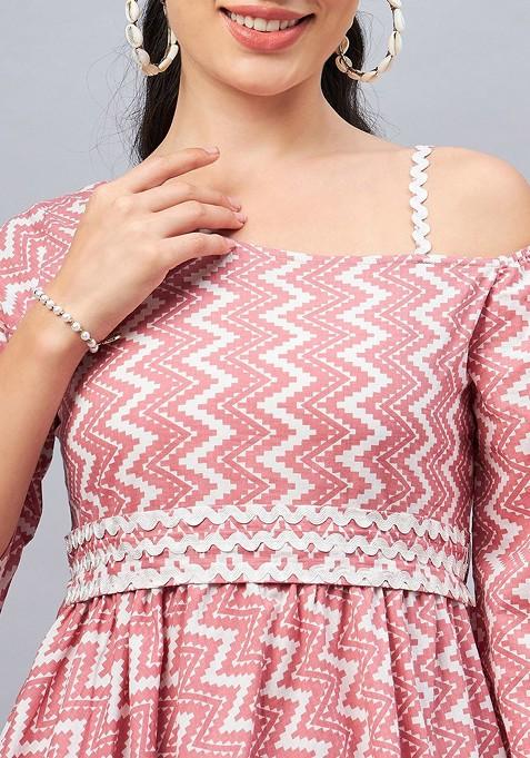 Pink Printed Oneshoulder Neck Pure Cotton Ethnic Coords