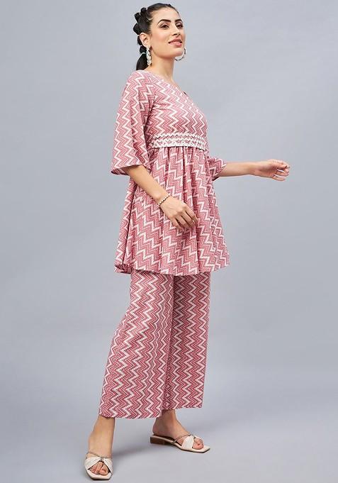 Pink Printed Oneshoulder Neck Pure Cotton Ethnic Coords