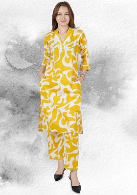 Yellow Abstract Printed Vneck Pure Cotton Tunic And Palazzo