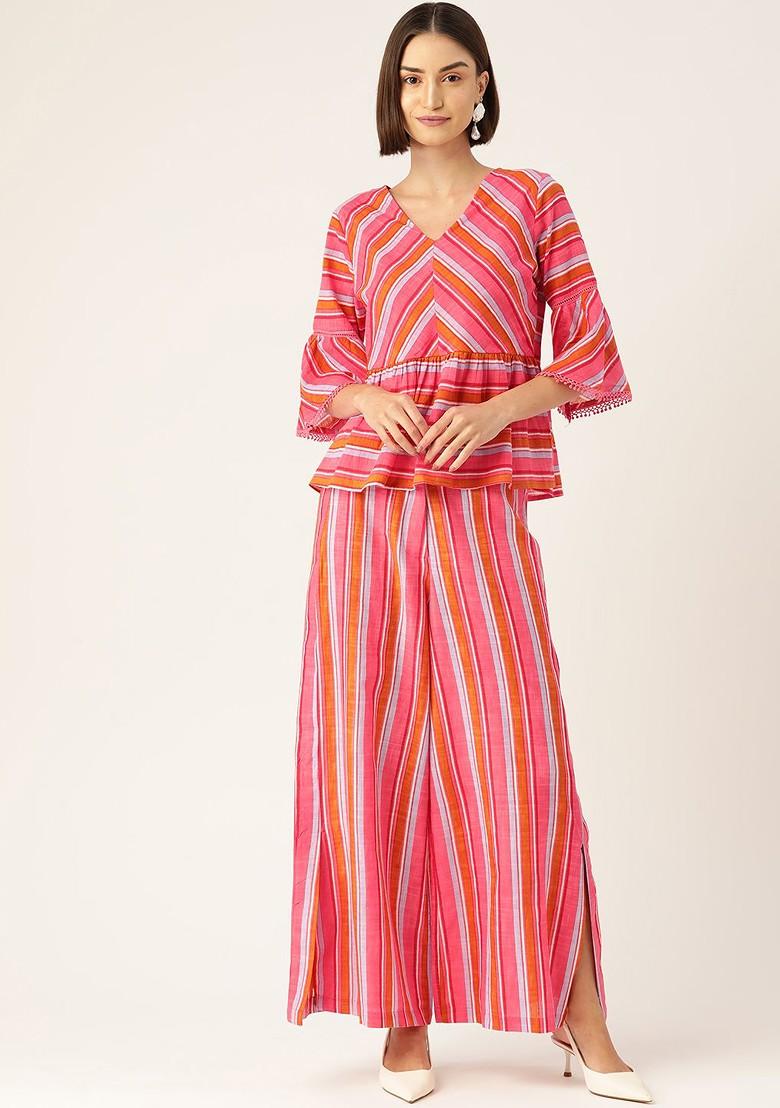 Magenta Women Striped Cotton Top With Palazzos