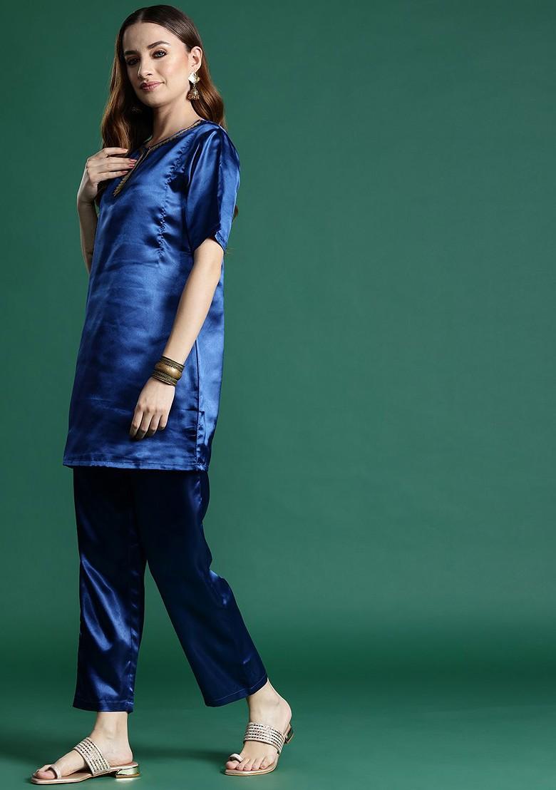 Blue Sequin Detail Satin Finish Ethnic Coord