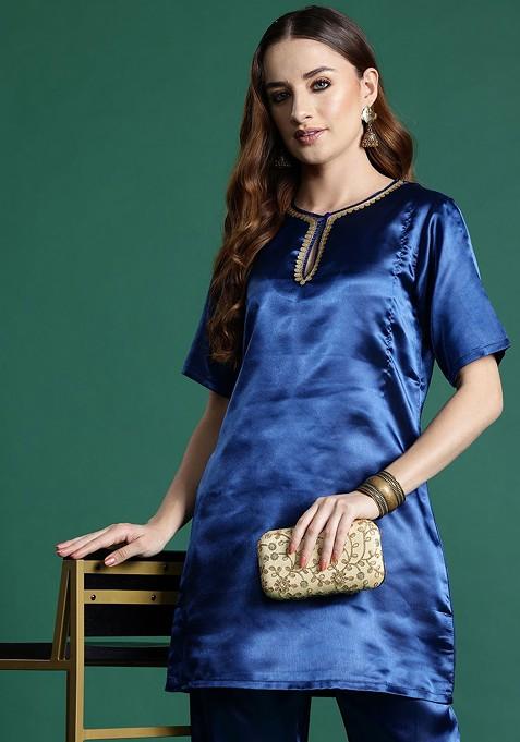 Blue Sequin Detail Satin Finish Ethnic Coord