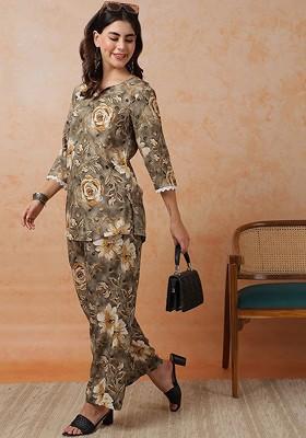 Grey Notch Neck Printed Tunic With Trousers