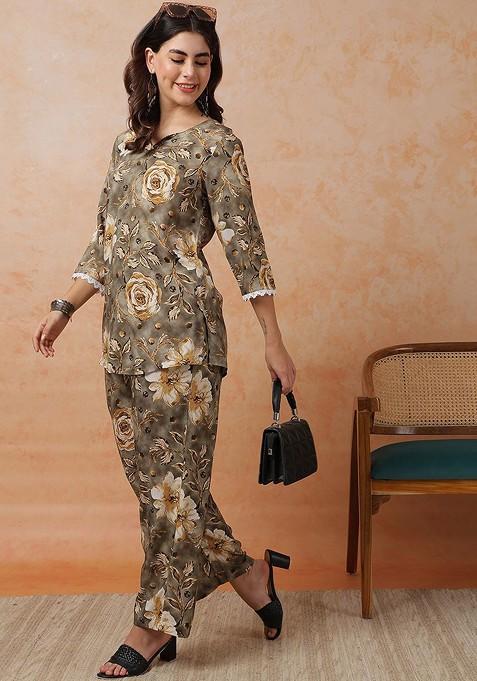 Grey Notch Neck Printed Tunic With Trousers