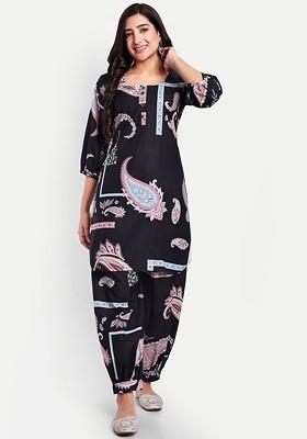 Black Paisley Printed Linen Cotton Ethnic Tunic With Trouser