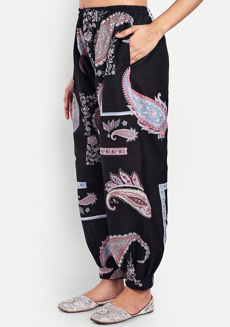 Black Paisley Printed Linen Cotton Ethnic Tunic With Trouser - Indya