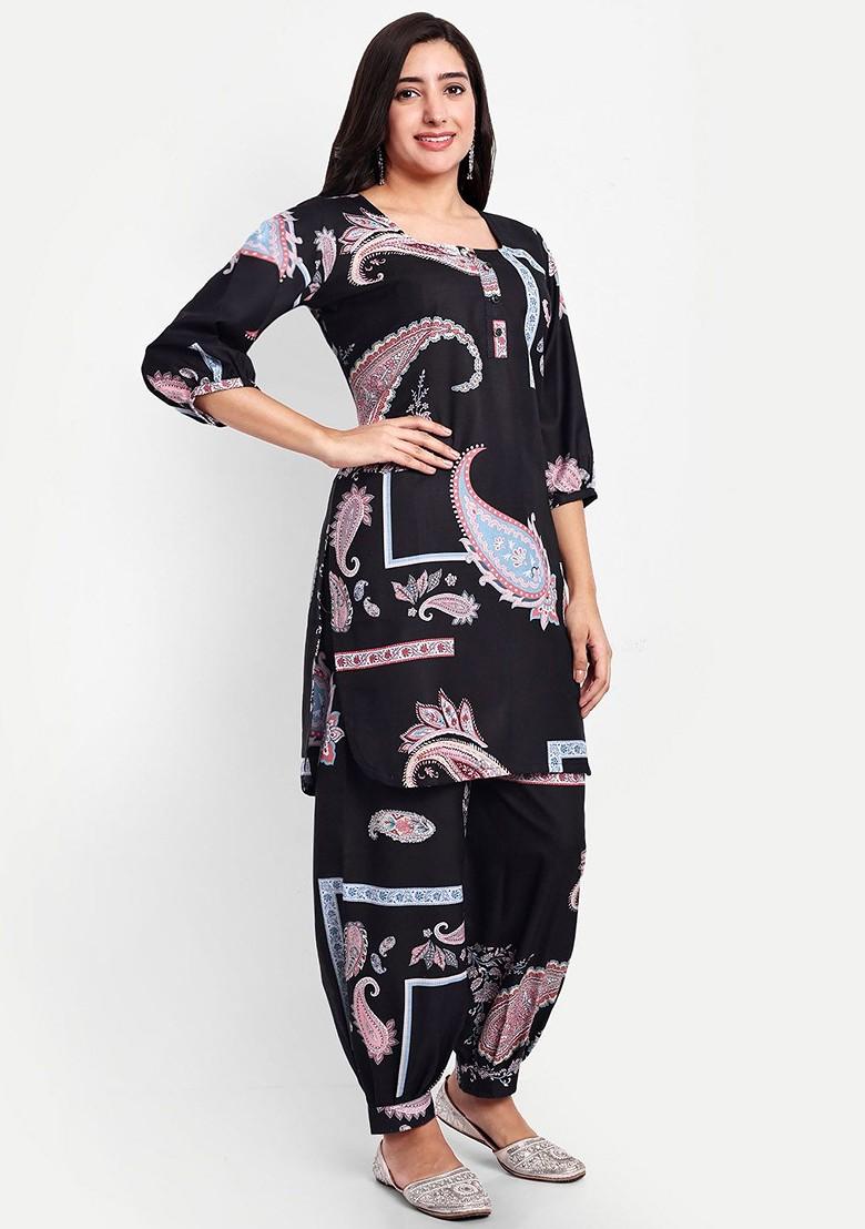 Black Paisley Printed Linen Cotton Ethnic Tunic With Trouser - Indya