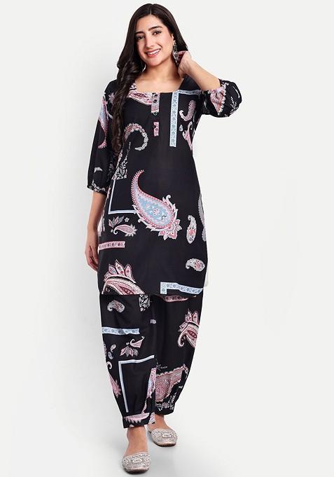 Black Paisley Printed Linen Cotton Ethnic Tunic With Trouser — view on Indya