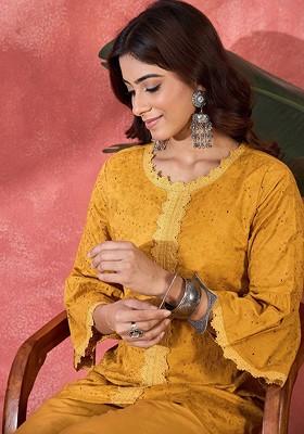 Mustard Schiffli Embroidered Pure Cotton Top And Trousers Coord Set
