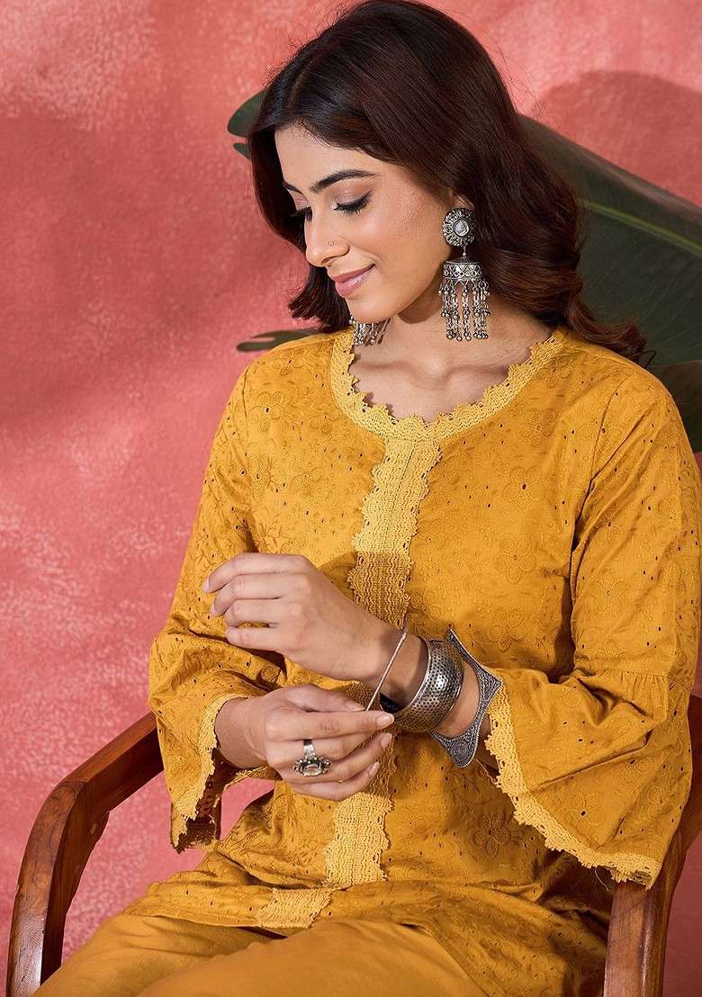 Mustard Schiffli Embroidered Pure Cotton Top And Trousers Coord Set - Indya