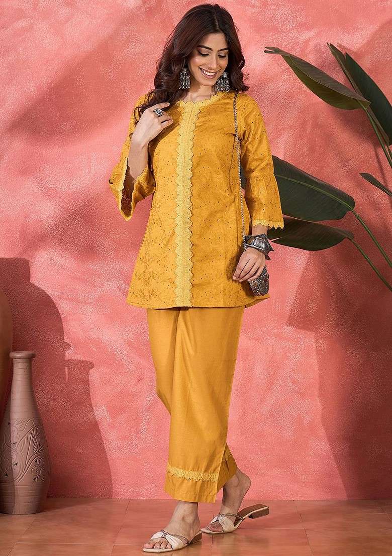 Mustard Schiffli Embroidered Pure Cotton Top And Trousers Coord Set - Indya