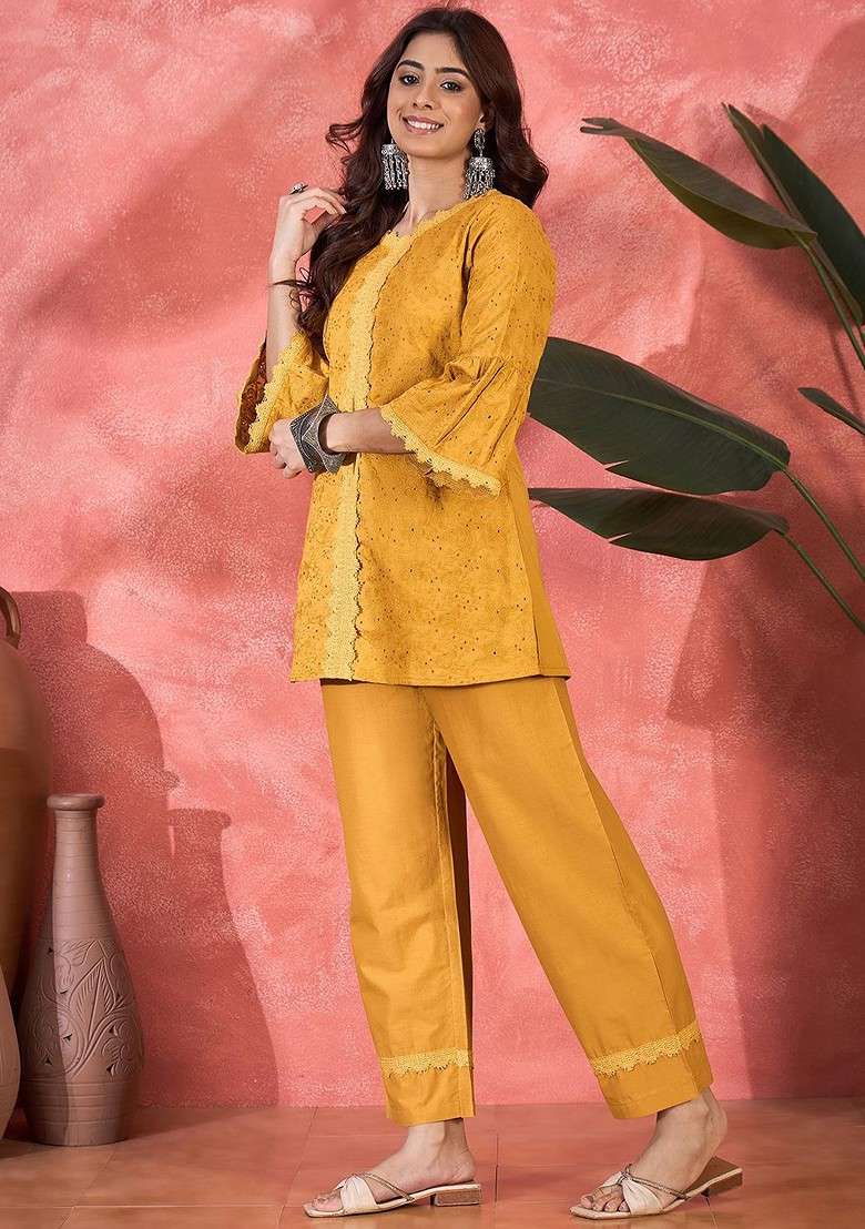 Mustard Schiffli Embroidered Pure Cotton Top And Trousers Coord Set - Indya