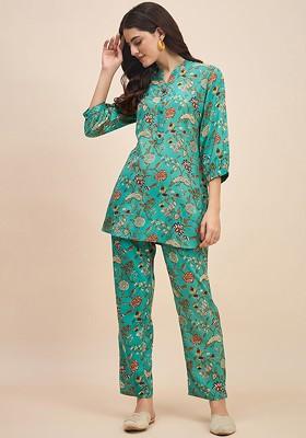 Green Floral Printed Mandarin Collar Pure Cotton Tunic With Trousers