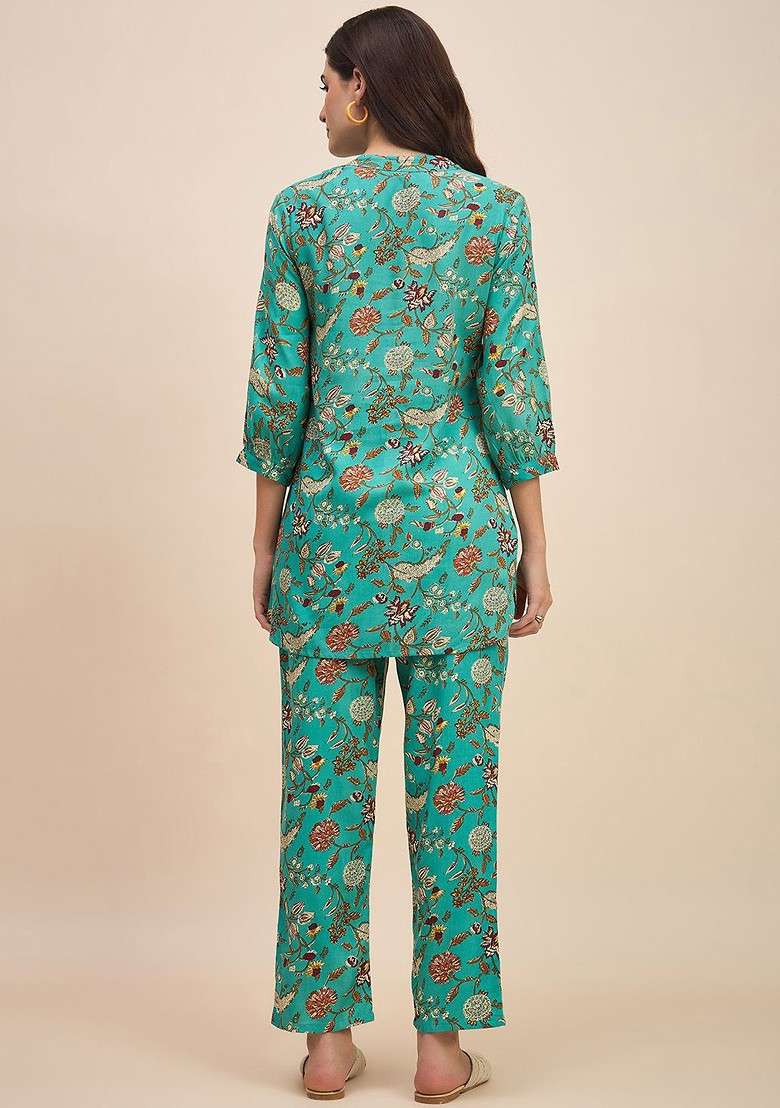 Green Floral Printed Mandarin Collar Pure Cotton Tunic With Trousers - Indya
