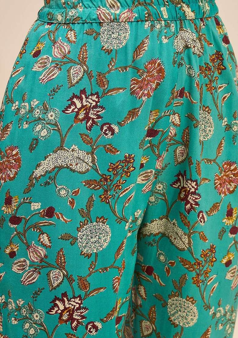 Green Floral Printed Mandarin Collar Pure Cotton Tunic With Trousers - Indya