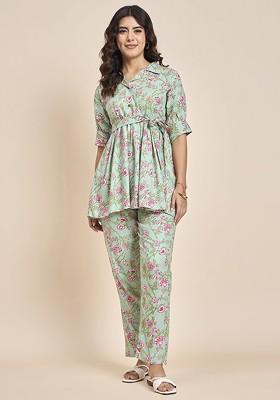 Green Floral Printed Shirt Collar Pure Cotton Tunic With Trousers