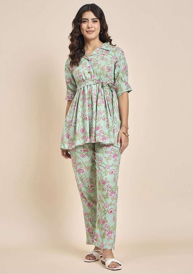 Green Floral Printed Shirt Collar Pure Cotton Tunic With Trousers - Indya