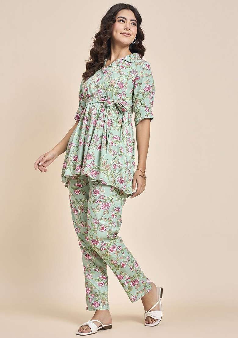 Green Floral Printed Shirt Collar Pure Cotton Tunic With Trousers - Indya