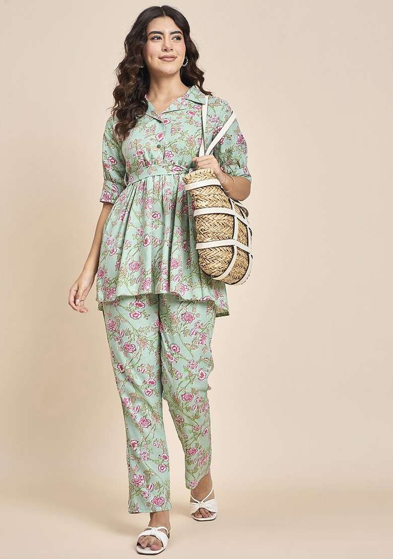 Green Floral Printed Shirt Collar Pure Cotton Tunic With Trousers - Indya
