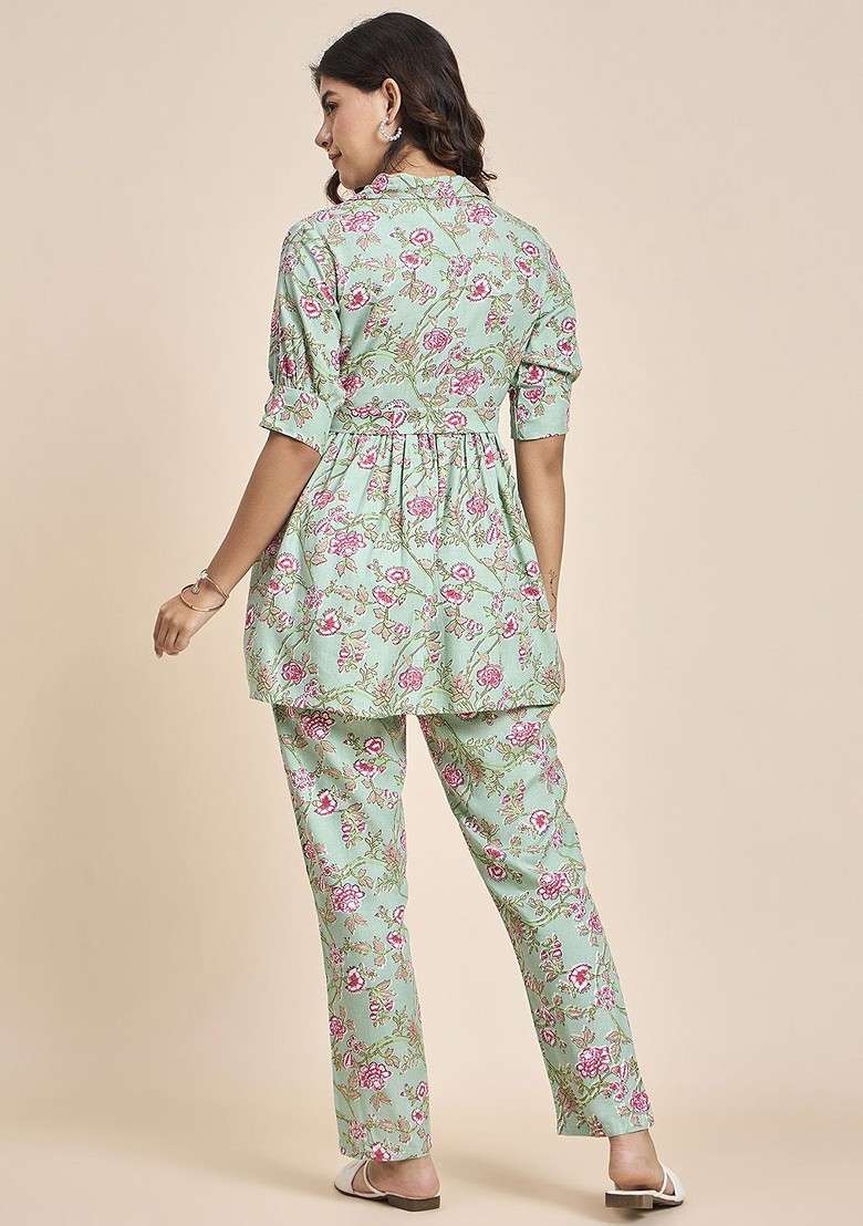 Green Floral Printed Shirt Collar Pure Cotton Tunic With Trousers - Indya