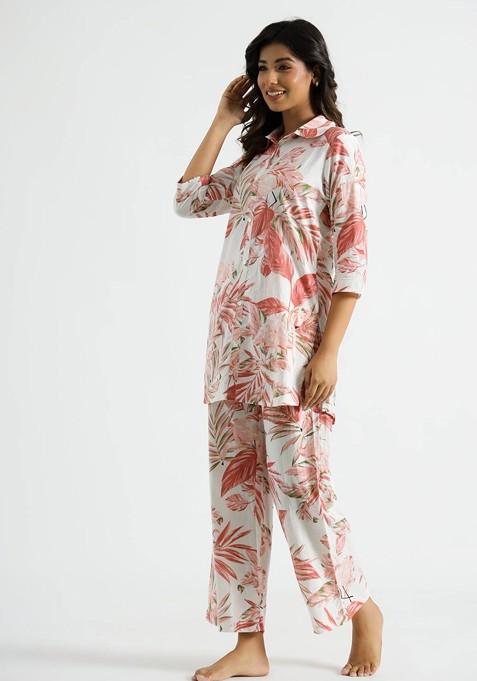 White Floral Printed Shirt Collar Pure Coton Top With Trousers