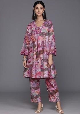 Purple Printed Aline Kurta With Trousers Set