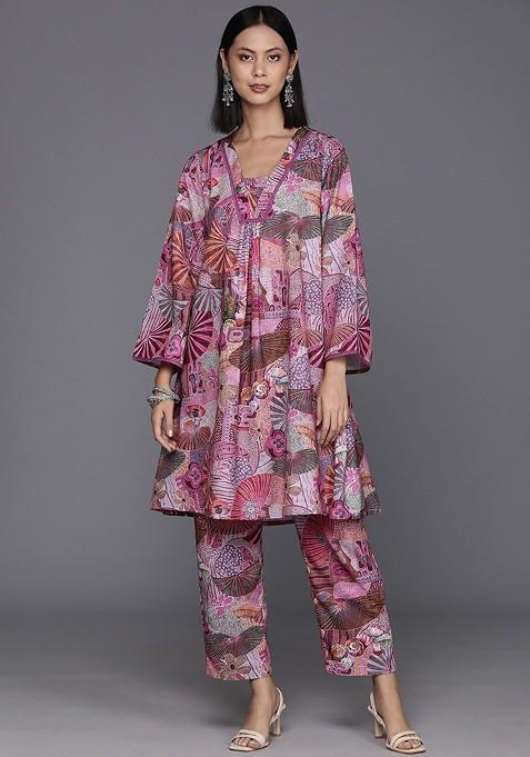 Purple Printed Aline Kurta With Trousers Set