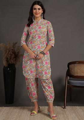 Blue Floral Printed Pure Cotton Mandarin Collar Tunic And Trouser
