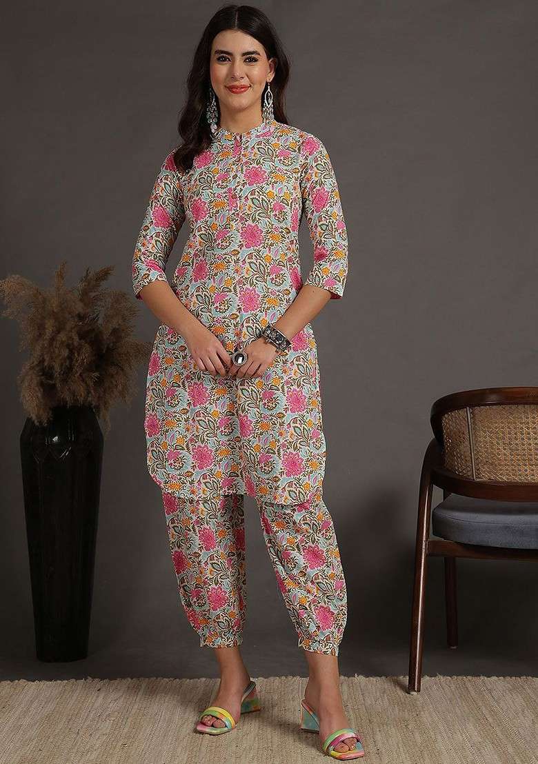 Blue Floral Printed Pure Cotton Mandarin Collar Tunic And Trouser - Indya