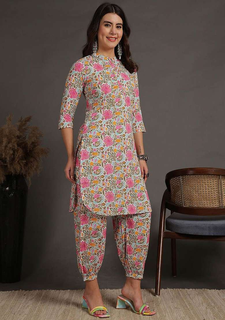 Blue Floral Printed Pure Cotton Mandarin Collar Tunic And Trouser - Indya