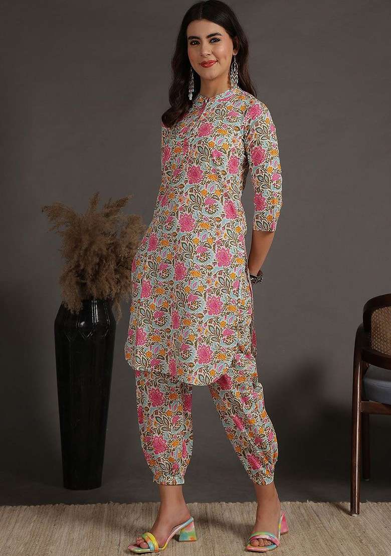 Blue Floral Printed Pure Cotton Mandarin Collar Tunic And Trouser - Indya