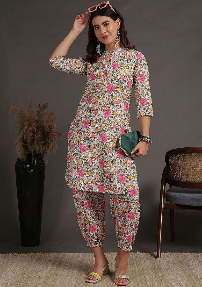 Blue Floral Printed Pure Cotton Mandarin Collar Tunic And Trouser - Indya