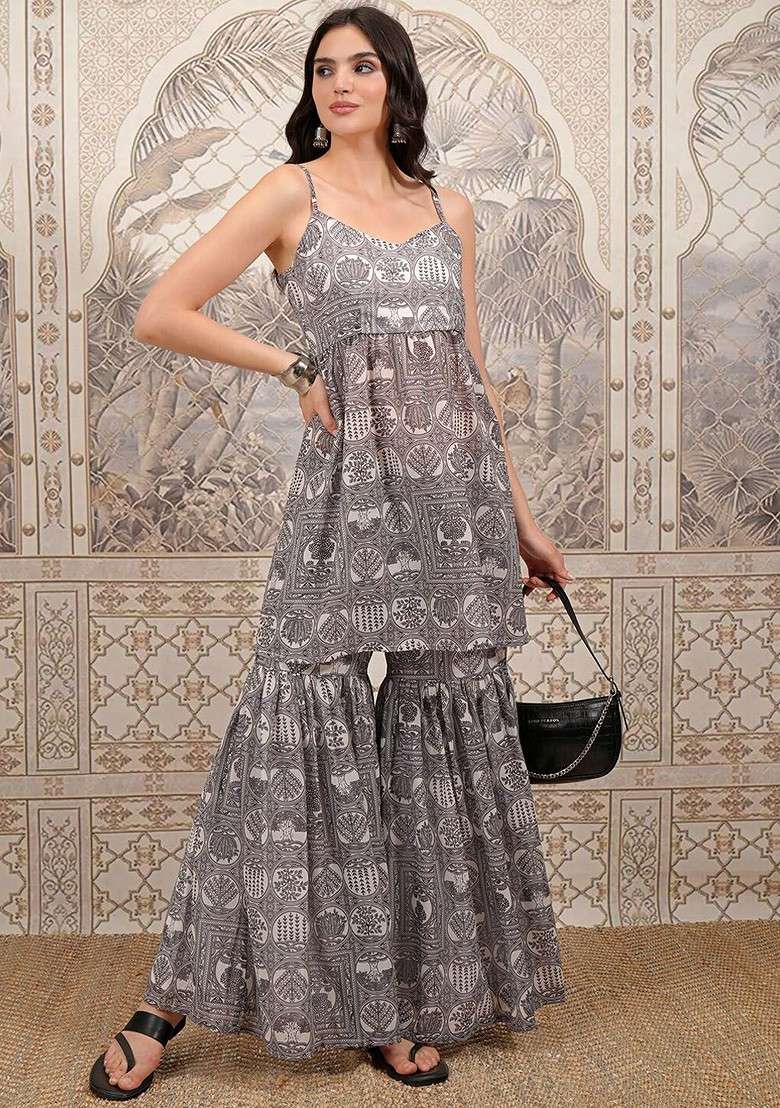 Off White Printed Gathered Sleeveless Tunic With Sharara Coords - Indya