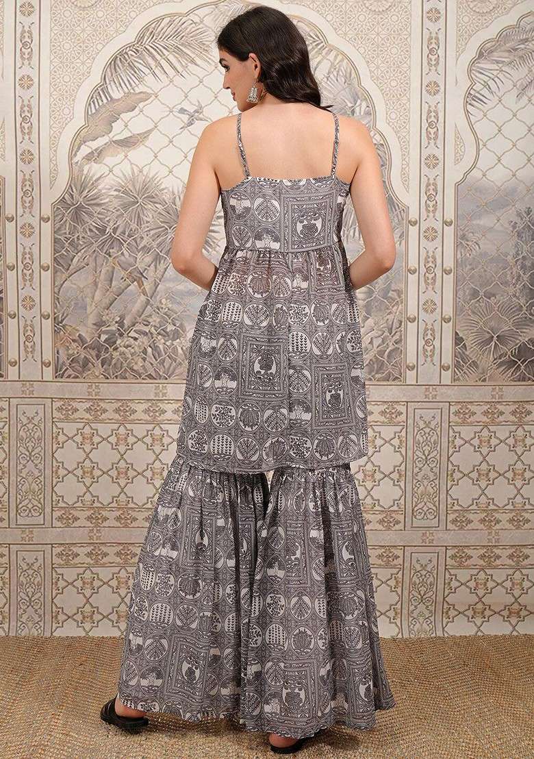 Off White Printed Gathered Sleeveless Tunic With Sharara Coords - Indya