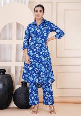 Blue Floral Printed Shirt Collar Tunic And Trouser
