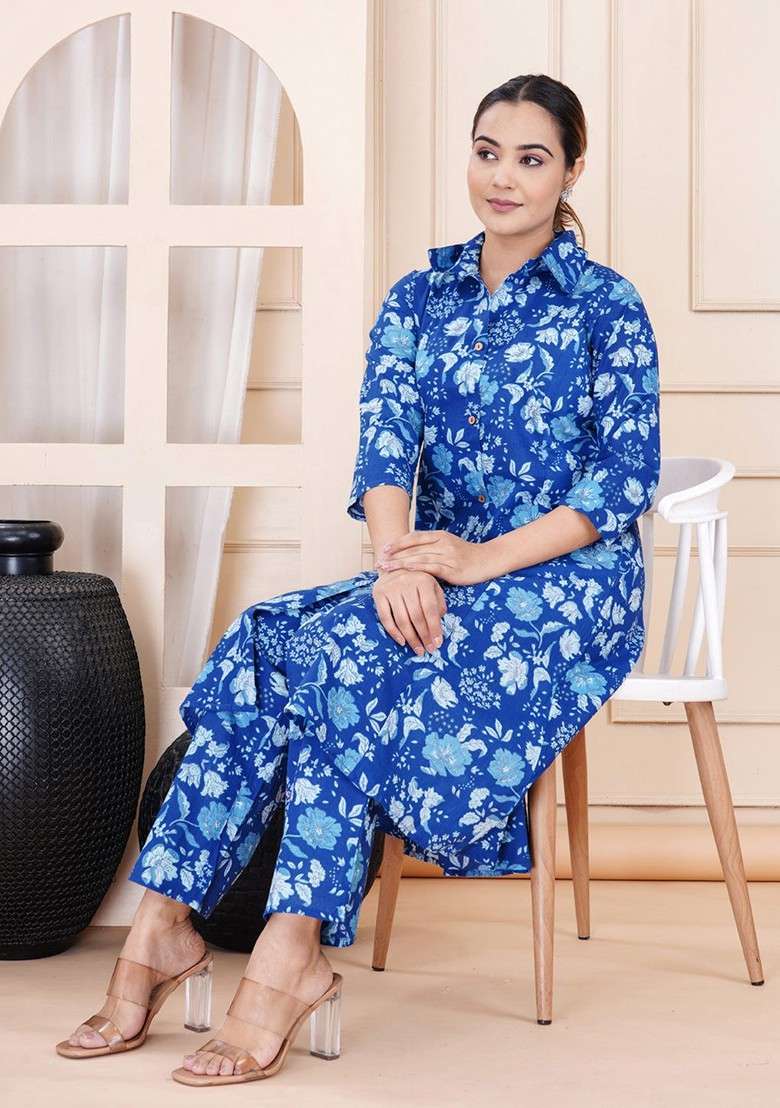 Blue Floral Printed Shirt Collar Tunic And Trouser - Indya