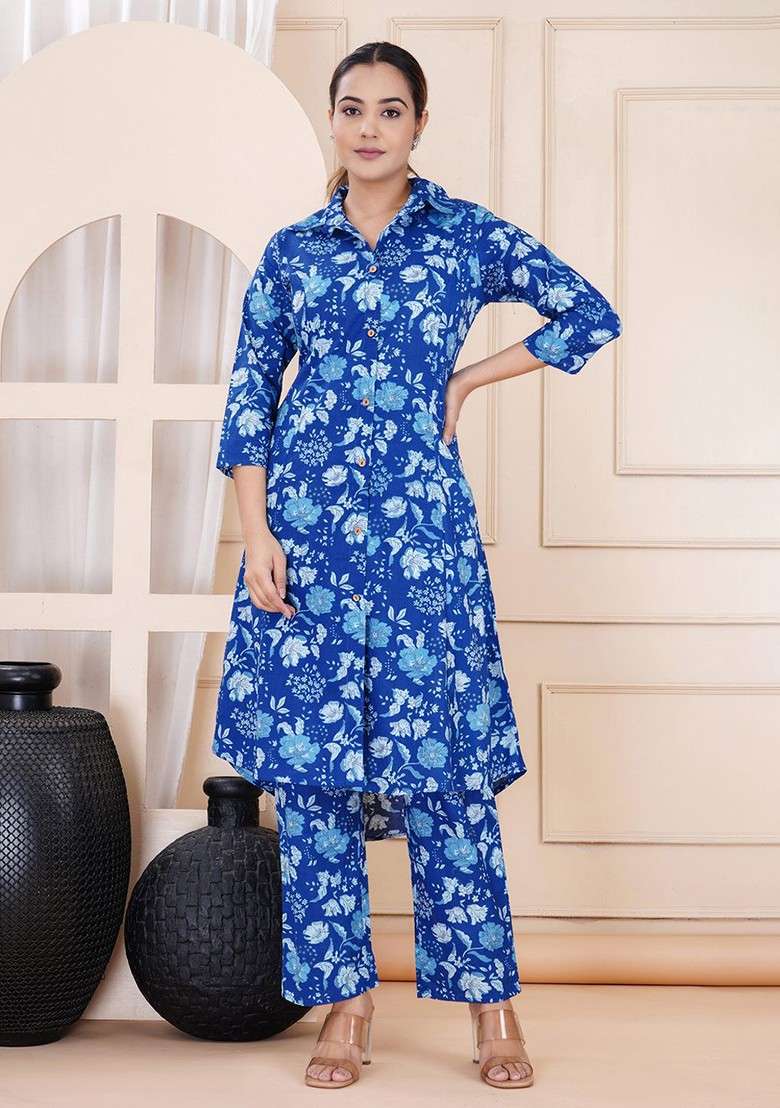 Blue Floral Printed Shirt Collar Tunic And Trouser - Indya