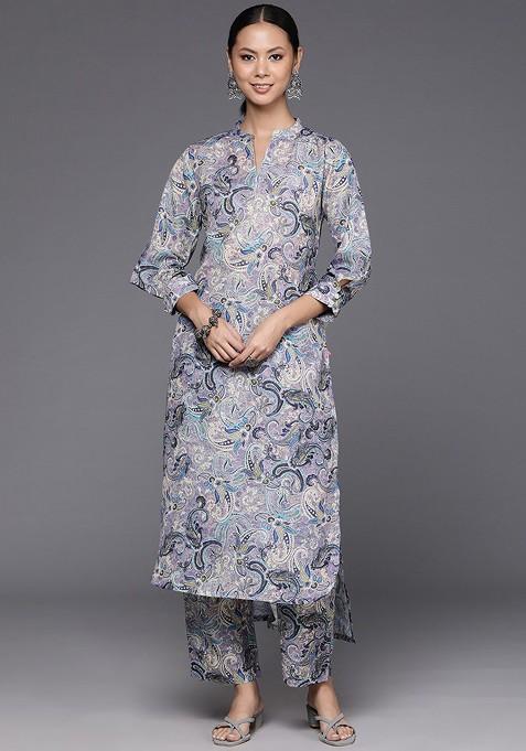 Lavender Printed Straight Kurta With Trousers Set