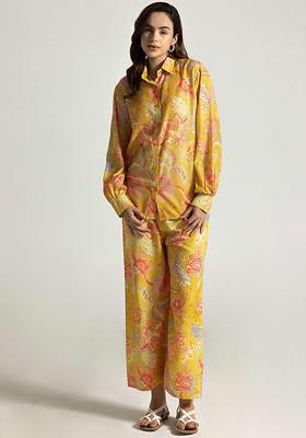 Yellow Omen Floral Printed Regular Shirt And Trousers Coords