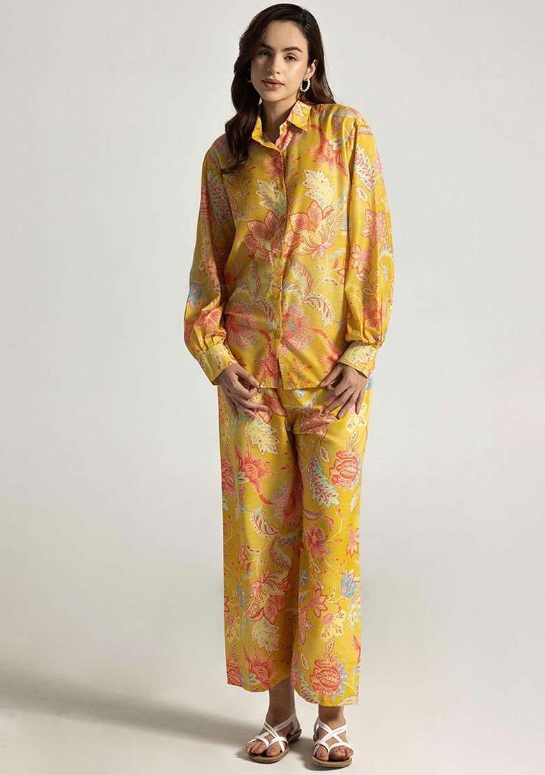 Yellow Omen Floral Printed Regular Shirt And Trousers Coords - Indya